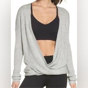 Zella All Day Criss Cross Front Wrap Gray Long Sleeve Ribbed Sweater